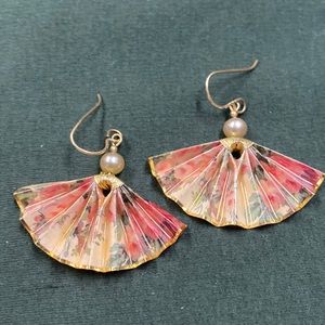 Fan Earrings, Pine, green, Rose, and Ivory